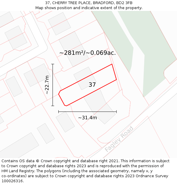 37, CHERRY TREE PLACE, BRADFORD, BD2 3FB: Plot and title map