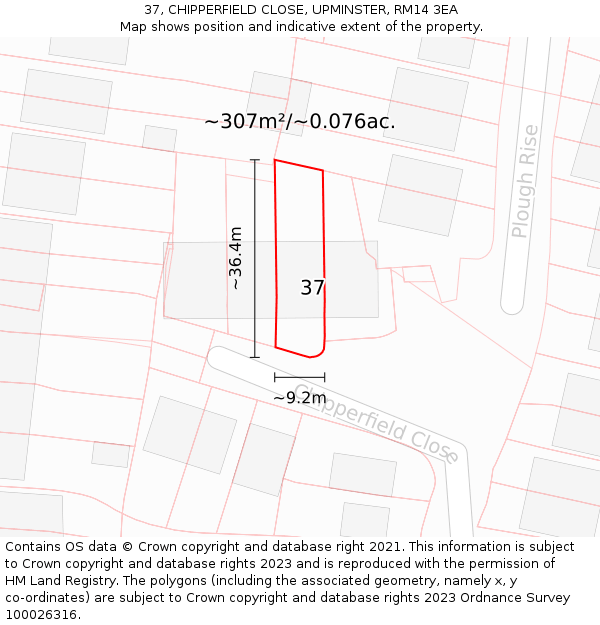 37, CHIPPERFIELD CLOSE, UPMINSTER, RM14 3EA: Plot and title map