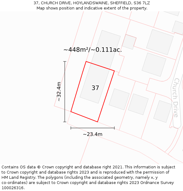 37, CHURCH DRIVE, HOYLANDSWAINE, SHEFFIELD, S36 7LZ: Plot and title map