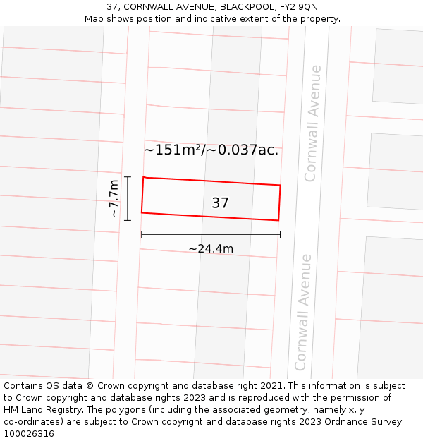 37, CORNWALL AVENUE, BLACKPOOL, FY2 9QN: Plot and title map