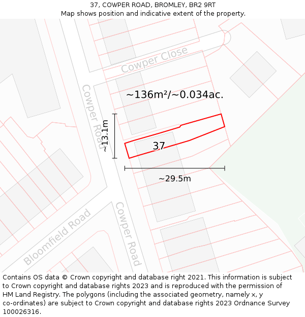 37, COWPER ROAD, BROMLEY, BR2 9RT: Plot and title map