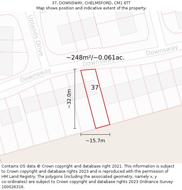 37, DOWNSWAY, CHELMSFORD, CM1 6TT: Plot and title map