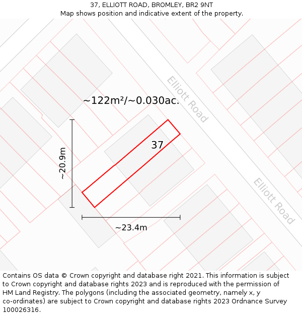 37, ELLIOTT ROAD, BROMLEY, BR2 9NT: Plot and title map