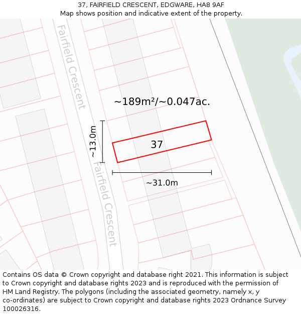 37, FAIRFIELD CRESCENT, EDGWARE, HA8 9AF: Plot and title map