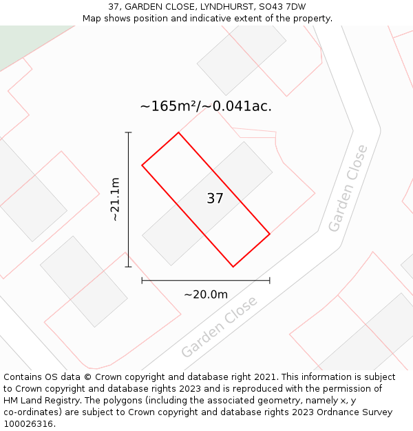 37, GARDEN CLOSE, LYNDHURST, SO43 7DW: Plot and title map