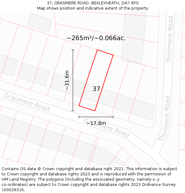 37, GRASMERE ROAD, BEXLEYHEATH, DA7 6PS: Plot and title map