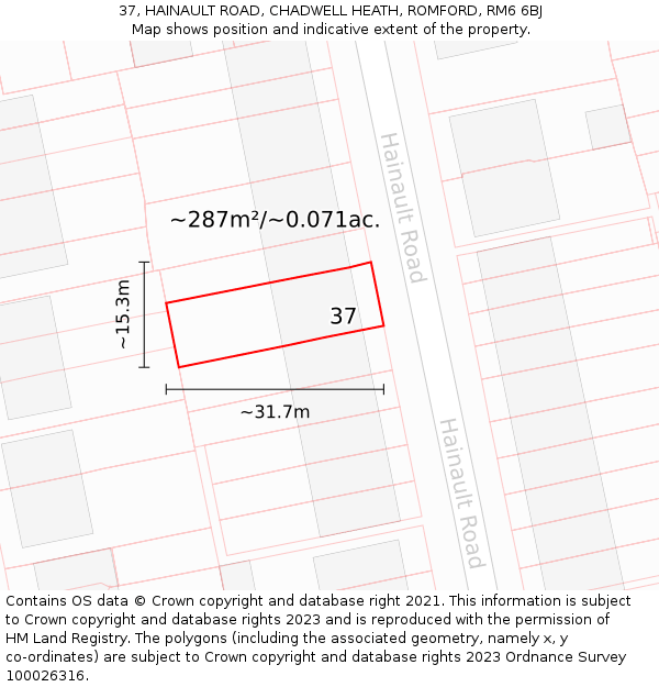 37, HAINAULT ROAD, CHADWELL HEATH, ROMFORD, RM6 6BJ: Plot and title map