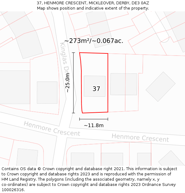37, HENMORE CRESCENT, MICKLEOVER, DERBY, DE3 0AZ: Plot and title map