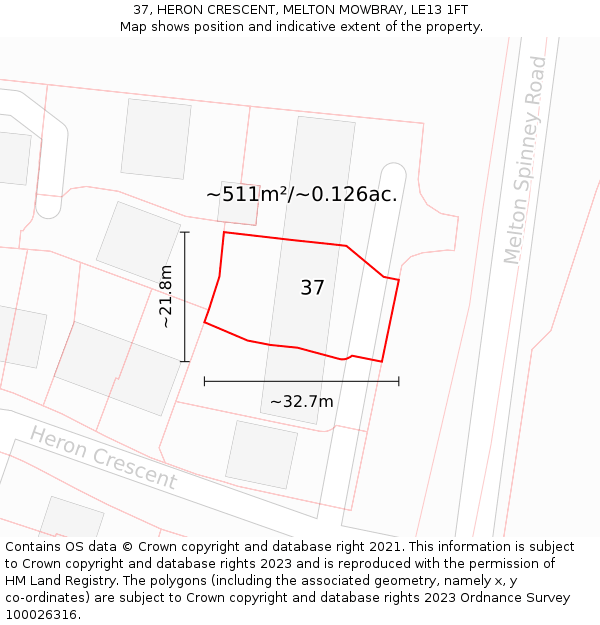 37, HERON CRESCENT, MELTON MOWBRAY, LE13 1FT: Plot and title map