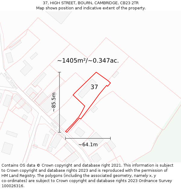 37, HIGH STREET, BOURN, CAMBRIDGE, CB23 2TR: Plot and title map