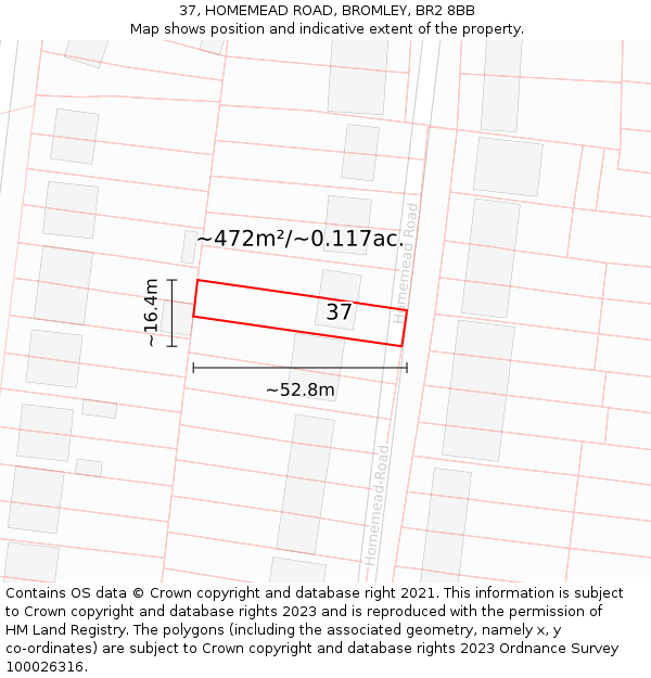 37, HOMEMEAD ROAD, BROMLEY, BR2 8BB: Plot and title map