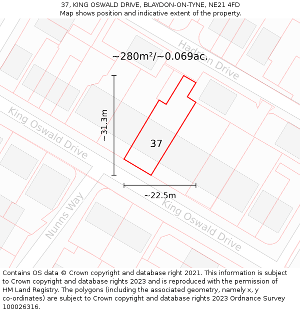 37, KING OSWALD DRIVE, BLAYDON-ON-TYNE, NE21 4FD: Plot and title map