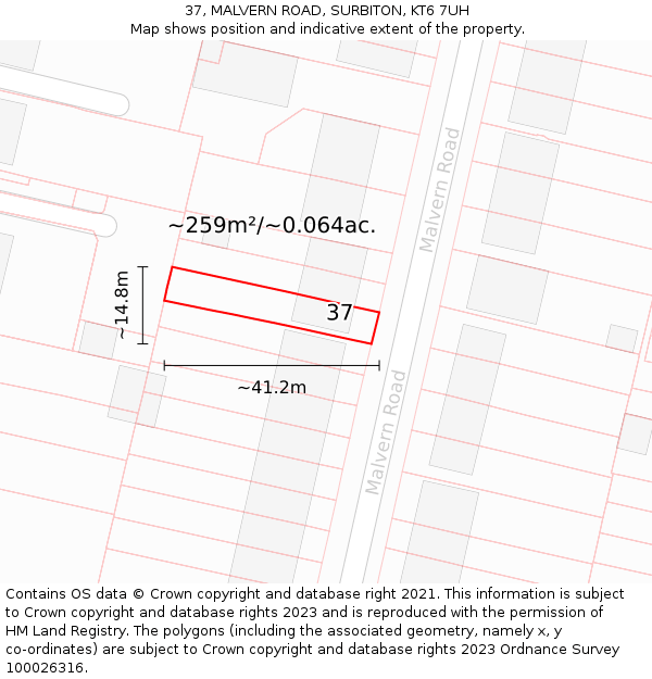 37, MALVERN ROAD, SURBITON, KT6 7UH: Plot and title map