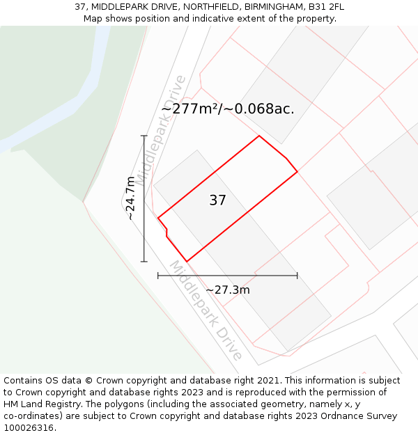 37, MIDDLEPARK DRIVE, NORTHFIELD, BIRMINGHAM, B31 2FL: Plot and title map