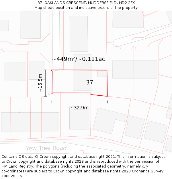 37, OAKLANDS CRESCENT, HUDDERSFIELD, HD2 2FX: Plot and title map