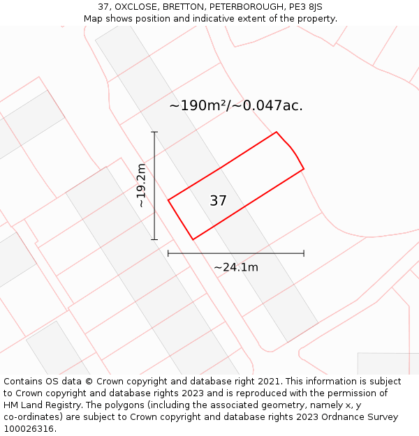 37, OXCLOSE, BRETTON, PETERBOROUGH, PE3 8JS: Plot and title map