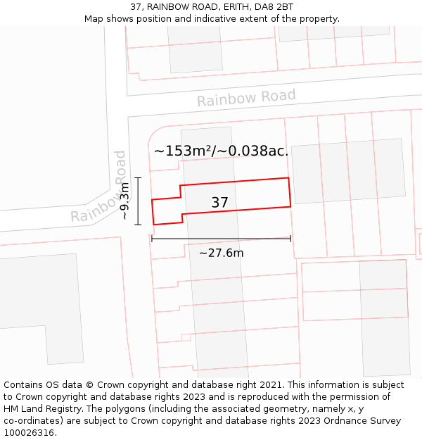 37, RAINBOW ROAD, ERITH, DA8 2BT: Plot and title map