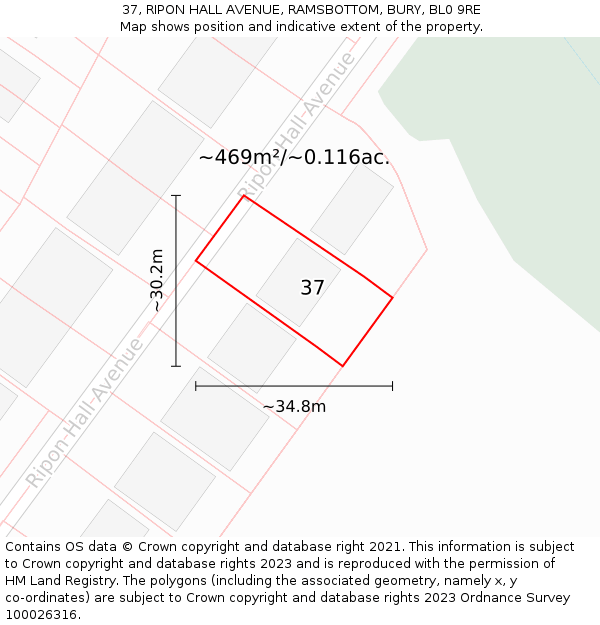 37, RIPON HALL AVENUE, RAMSBOTTOM, BURY, BL0 9RE: Plot and title map