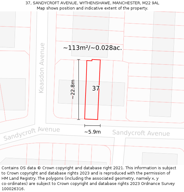 37, SANDYCROFT AVENUE, WYTHENSHAWE, MANCHESTER, M22 9AL: Plot and title map