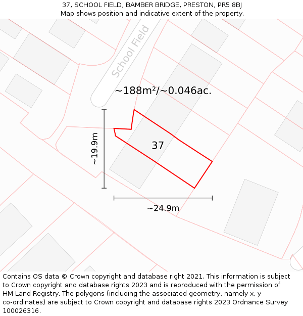 37, SCHOOL FIELD, BAMBER BRIDGE, PRESTON, PR5 8BJ: Plot and title map