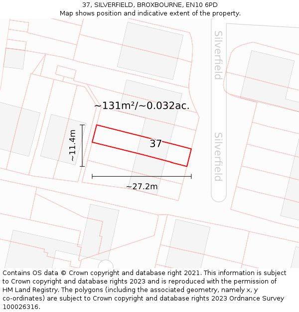 37, SILVERFIELD, BROXBOURNE, EN10 6PD: Plot and title map