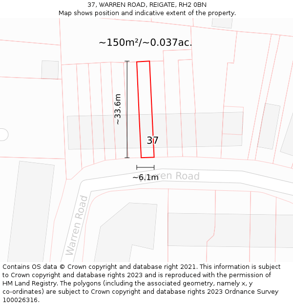 37, WARREN ROAD, REIGATE, RH2 0BN: Plot and title map