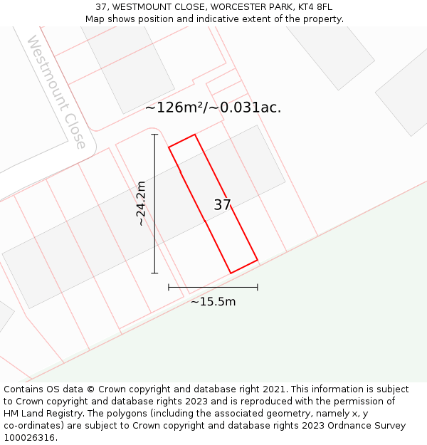 37, WESTMOUNT CLOSE, WORCESTER PARK, KT4 8FL: Plot and title map