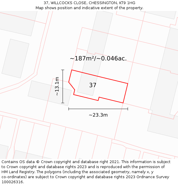 37, WILLCOCKS CLOSE, CHESSINGTON, KT9 1HG: Plot and title map