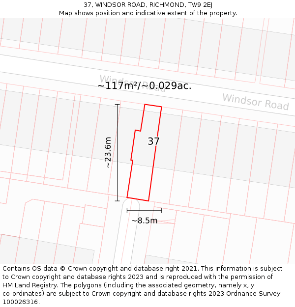 37, WINDSOR ROAD, RICHMOND, TW9 2EJ: Plot and title map