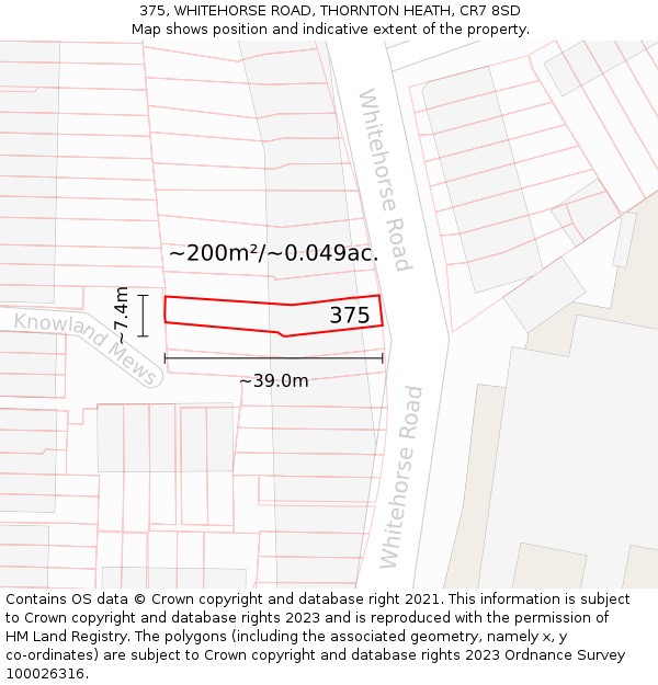 375, WHITEHORSE ROAD, THORNTON HEATH, CR7 8SD: Plot and title map