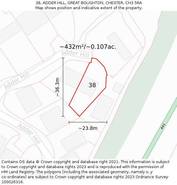 38, ADDER HILL, GREAT BOUGHTON, CHESTER, CH3 5RA: Plot and title map