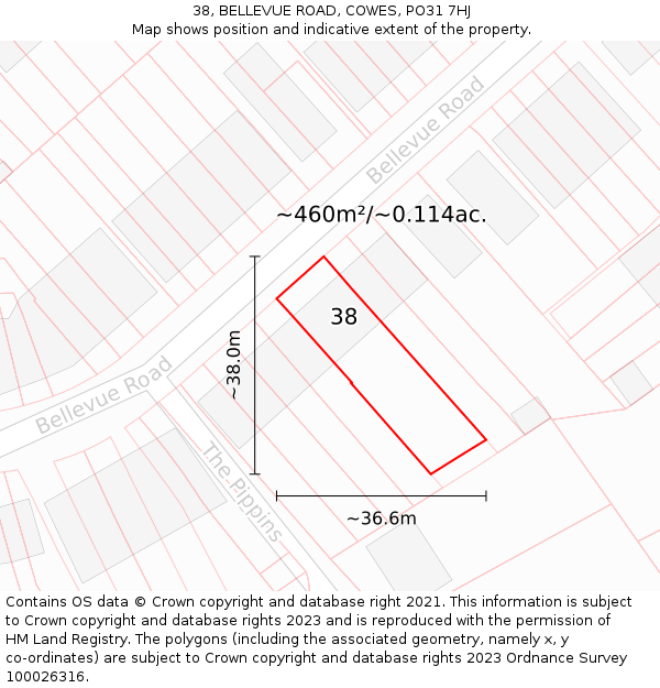 38, BELLEVUE ROAD, COWES, PO31 7HJ: Plot and title map