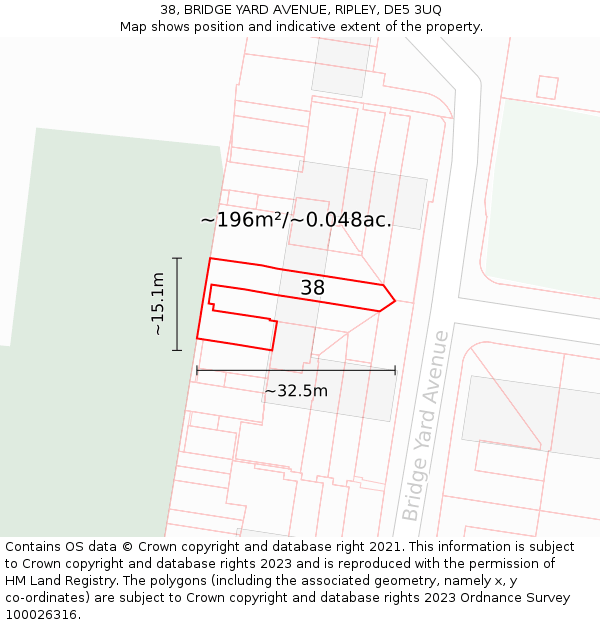 38, BRIDGE YARD AVENUE, RIPLEY, DE5 3UQ: Plot and title map