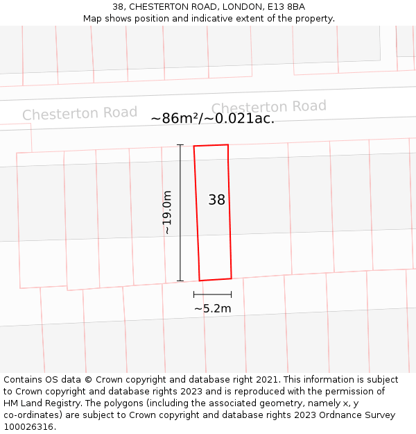 38, CHESTERTON ROAD, LONDON, E13 8BA: Plot and title map