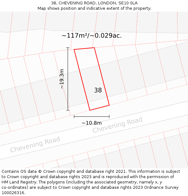 38, CHEVENING ROAD, LONDON, SE10 0LA: Plot and title map
