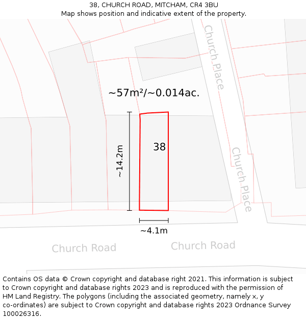 38, CHURCH ROAD, MITCHAM, CR4 3BU: Plot and title map