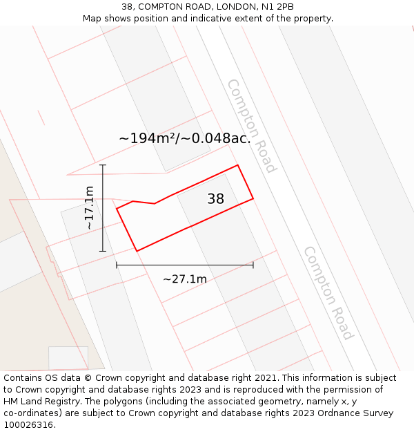 38, COMPTON ROAD, LONDON, N1 2PB: Plot and title map