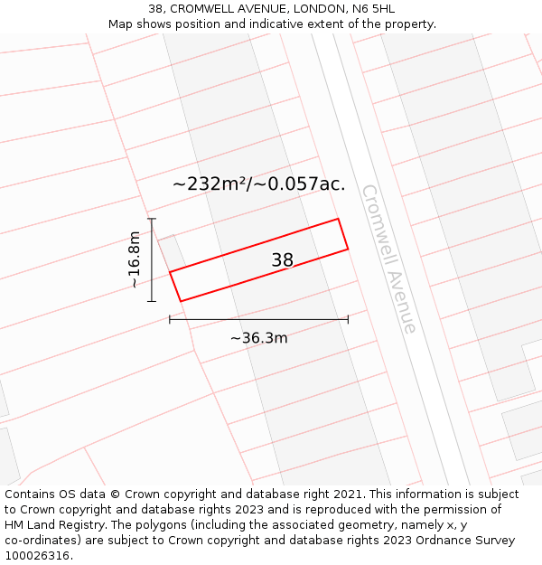 38, CROMWELL AVENUE, LONDON, N6 5HL: Plot and title map