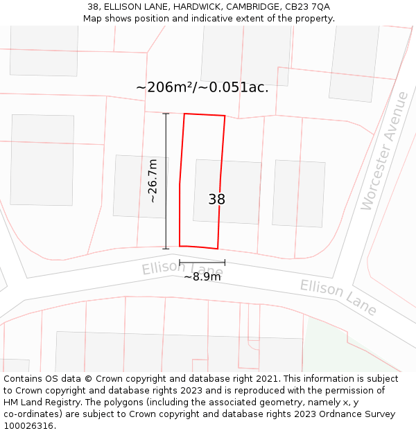 38, ELLISON LANE, HARDWICK, CAMBRIDGE, CB23 7QA: Plot and title map