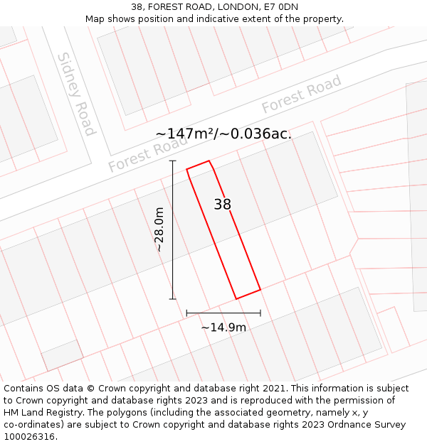 38, FOREST ROAD, LONDON, E7 0DN: Plot and title map