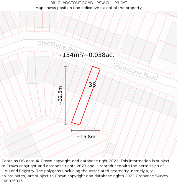 38, GLADSTONE ROAD, IPSWICH, IP3 8AT: Plot and title map