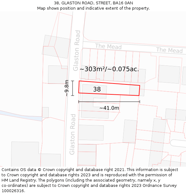38, GLASTON ROAD, STREET, BA16 0AN: Plot and title map