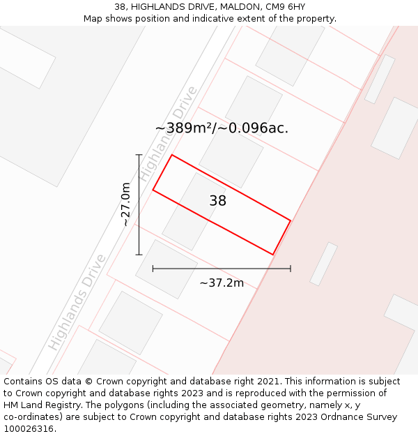 38, HIGHLANDS DRIVE, MALDON, CM9 6HY: Plot and title map