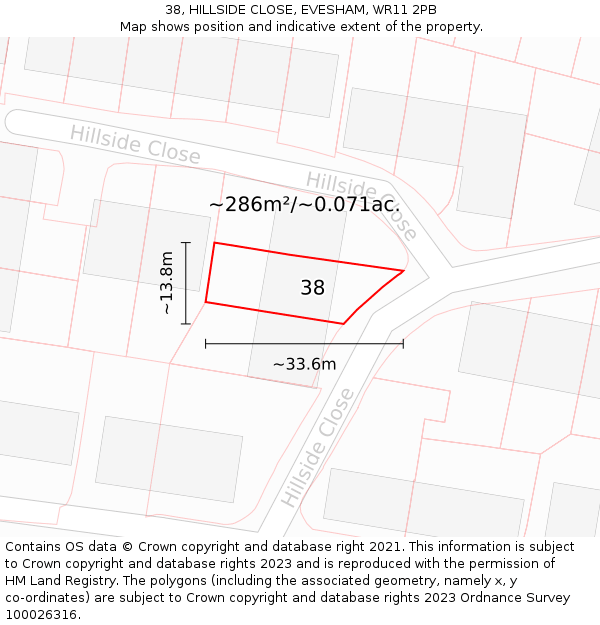 38, HILLSIDE CLOSE, EVESHAM, WR11 2PB: Plot and title map