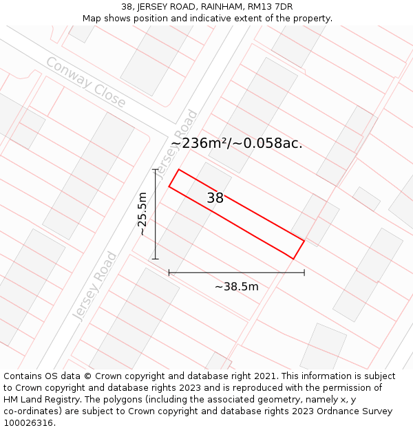 38, JERSEY ROAD, RAINHAM, RM13 7DR: Plot and title map