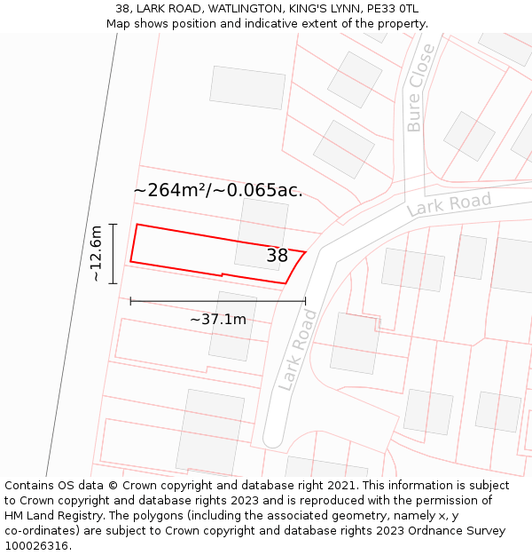 38, LARK ROAD, WATLINGTON, KING'S LYNN, PE33 0TL: Plot and title map