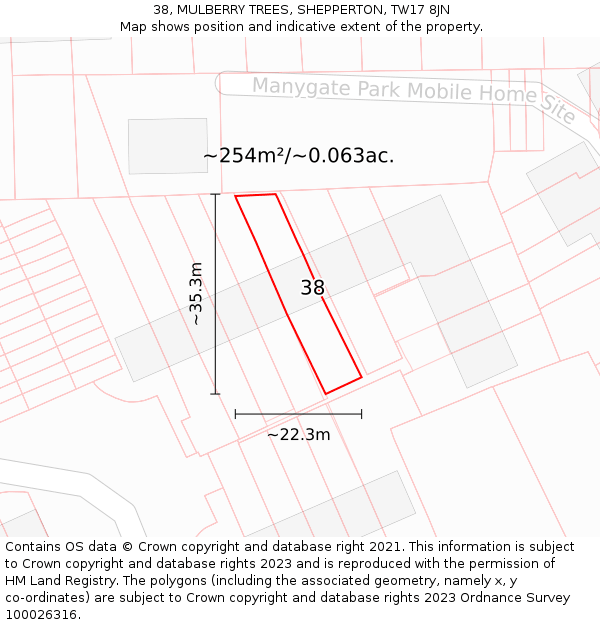 38, MULBERRY TREES, SHEPPERTON, TW17 8JN: Plot and title map