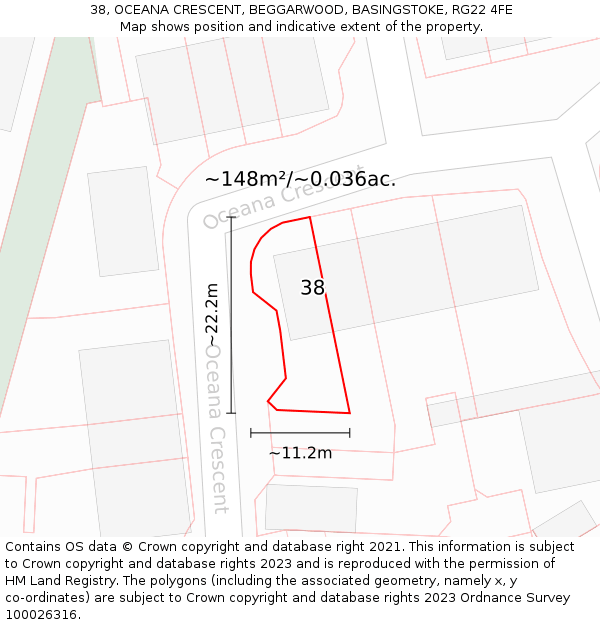 38, OCEANA CRESCENT, BEGGARWOOD, BASINGSTOKE, RG22 4FE: Plot and title map