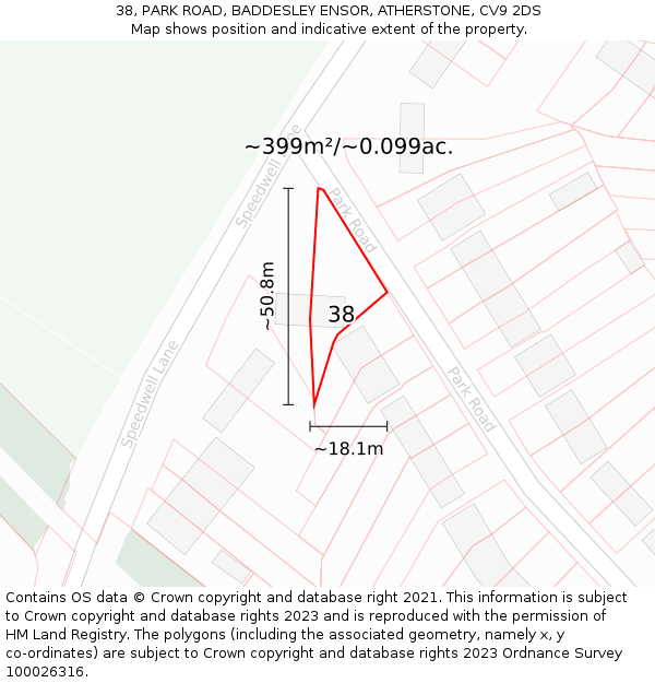 38, PARK ROAD, BADDESLEY ENSOR, ATHERSTONE, CV9 2DS: Plot and title map