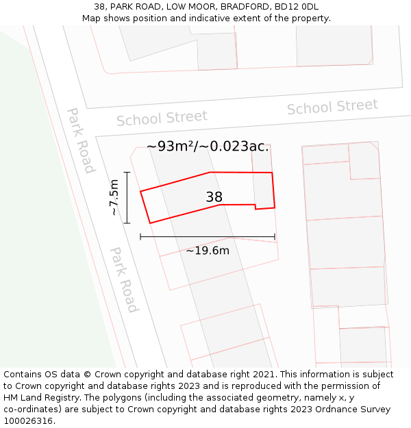 38, PARK ROAD, LOW MOOR, BRADFORD, BD12 0DL: Plot and title map